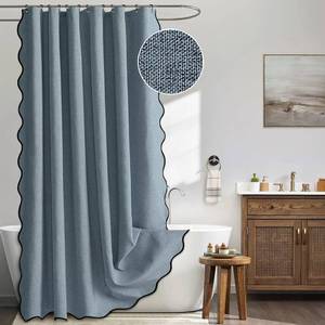lot 11095 image: MIULEE Dusty Blue Scalloped Shower Curtain Linen Textured with 12 Metal Hooks Cute Heavy Duty Washable Waterproof Thick Cloth Shower Curtains with Black Border for Bathroom Hotel Bathtub,W72L72