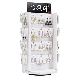 lot 11104 image: Pinzoveco Rotating Earring Display Stands for Selling with Adversitsing Board, Real Wood Jewelry Display Stand for Vendors, Large Capacity Earring Cards for Selling Rack Holder (Weathered White)