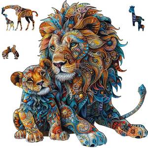 lot 11108 image: Delobil Wooden Puzzles for Adults, Lion Family Jigsaw Puzzles 500 Piece, Unique Shape Puzzles for Adults and Kids, Fun Challenging Puzzles Family Game Gift, Royal Size 16.5 x 16.9 Inches (Used)