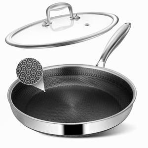 lot 11109 image: Vocvee Non Stick Frying Pans, 12-inch with Lid, Hybrid Frying Pans Nonstick Stainless Steel Skillets, Dishwasher & Oven-Safe, Stay-Cool Handle, PFOA Free Cookware, Compatible with All Cooktops (Used)