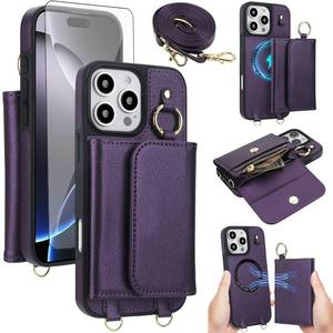 lot 12305 image: Phone Case for iPhone 16 Pro Max 6.9 inch Wallet Detachable Cover Screen Protector Compatible with MagSafe Crossbody Lanyard Strap RFID Blocking Flip i Phone16 ProMax 16ProMax Women Men Dark Purple