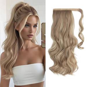 lot 12372 image: CJL HAIR 18 Long Ponytail Hair Extension Wrap Around Pony Tail Clip in Curly Wavy Synthetic Fake Hairpiece for Women Dirty Blonde