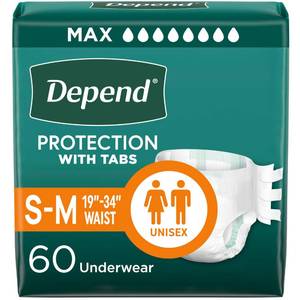 lot 13865 image: Depend Adult Diapers with Tabs, Incontinence Protection with Tabs, Unisex, SmallMedium (19��34 Waist, Up To 170 lbs), Maximum Absorbency, 60 Count (3 Packs of 20)