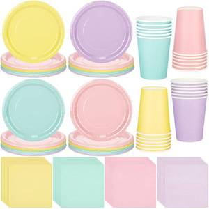 lot 14178 image: meekoo 72 Pcs Pastel Party Supplies Disposable 7 Pastel Paper Plates Napkins Paper Cups Serve 24 Guests, Macaron Color Tableware Sets for Birthday Wedding Baby Shower Party Decoration