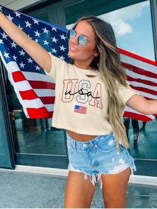 lot 14213 image: American Flag Crop Tops Women USA Crop Shirt Patriotic 4th of July Tee USA Shirts for Women