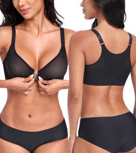 lot 14214 image: HACI Womenss Posture Bra Front Closure Deep V Unlined Mesh Sheer See Through Underwire Plus Size(Black,34B)