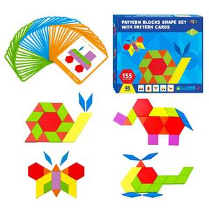 lot 14220 image: 155 PCS Wooden Pattern Blocks Set, 24 Double-Sided Design Cards(48 Patterns) Geometric Shape Puzzle Fun Tangram Montessori Learning Toys for Kids Ages 4-8 (A Storage Bag & A Gift Box)