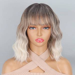 lot 14222 image: LINGHANG Ombre Blonde Wigs for Women Short Wavy Wig with Bangs Ash Blonde Bob Wig with Dark Roots Medium Length Natural Synthetic Hair for Daily Party,Cosplay