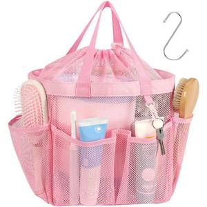 lot 14235 image: F-color Mesh Shower Caddy Portable with Drawstring - Large 8 Pockets Dorm Room Essentials for Guys Girls with S Hook, Shower Bag Basket Tote for College Camping Gym Travel Toiletry Bathroom, Pink