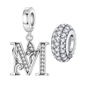 lot 14243 image: PANPOKI 2 Pack 925 Sterling Silver Butterfly Letter Charms for Bracelets and Necklace Alphabet Dangle Pendants Round Spacer Beads Pave Cubic Zirconia Jewelry Gift for Women (M Set)