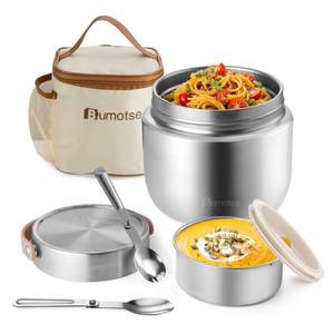 lot 14251 image: Bumotse 40oz Insulated Food Jar with 2 Compartments, Leak-Proof Thermo for Hot Food Wide Mouth Stainless Steel Includes Spoon and Fork Soup Thermo Lunch Containers Bento Box for Adults, Silver