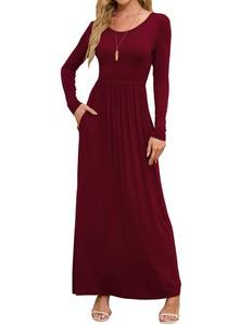 lot 14271 image: DEARCASE Women Dress Burgundy XX-Large Crewneck Long Sleeves Maxi Wedding Guest A-line Plain Casual Empire Waist Flowy Party Vintage Spring Fall Winter Floor Dresses with Pocket