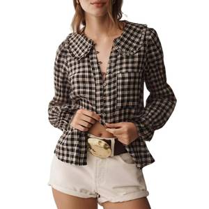 lot 14272 image: Women Peter Pan Collar Plaid Gingham Blouse Tops Y2k Puff Long Sleeve Ruffle Button Down Up Checkered Babydoll Shirts Anthropologies Inspired Dupes Black