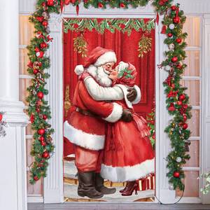lot 14283 image: Peryiter Kissing Santa & Mrs. Claus Under the Mistletoe Door Cover Decoration Santa Claus Front Door Cover Xmas Hanging Banner Background for Holiday Xmas Decoration