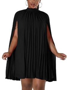 lot 14330 image: Women��s Casual Cape Sleeve Pleated Split Short Dress Loose Fit Cocktail Party Flowy Dress Black L