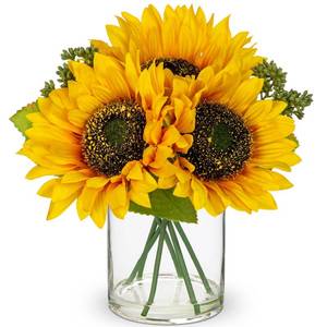 lot 19838 image: DILATATA Artificial Sunflower Arrangement in Clear Glass Vase with Fake Water, 9.4 Realistic Faux Sunflowers Table Decor for Farmhouse Home, Rustic Centerpieces for Kitchen Dining Living Room Office