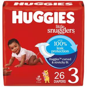 lot 19848 image: Huggies Size 3 Diapers, Little Snugglers Baby Diapers, Size 3 (16-28 lbs), 26 Count, Packaging May Vary