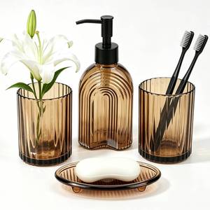 lot 19858 image: Amber Bathroom Accessories Set, 4 Pcs with Lotion Soap Dispenser, Bathroom Toothbrush Holder, Mouthwash Cup, Soap Dish, Vintage Bathroom Decor, Gift Countertop Organizer
