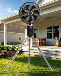 lot 19860 image: Outdoor Fans for Patios,Cordless Outdoor Fan with Light and Remote,Pedestal to Tabletop & Hanging,Battery Operated Rechargeable Fan,12 Oscillating Fan For Quiet,8 Speeds,Timer,Gazebo,Deck,Porch,Black
