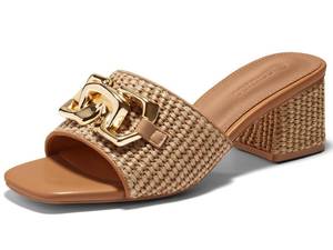 lot 19871 image: Coutgo Womens Raffia Slide Sandals Chunky Block Heeled Square Open Toe Metal Chain Slip on Mules Dressy Shoes, Brown, size 8.5