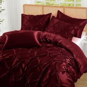 lot 19872 image: P Pothuiny 5 Pieces Satin Pintuck Duvet Cover Set, Silky Like Burgundy Pinch Pleat Duvet Cover King Size Luxury Bedding Set with Corner Ties, 2 Pillow Shams  2 Pillowcases (No Comforter)