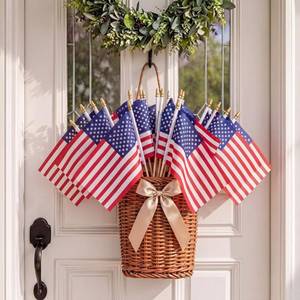 lot 19894 image: Xuhal 4th of July Decoration Patriotic Door Hanger Basket Wreath for Front Door Woven Basket 250th Anniversary Hanging Sign with American Flag and Ribbon for Independence Day Table Decor