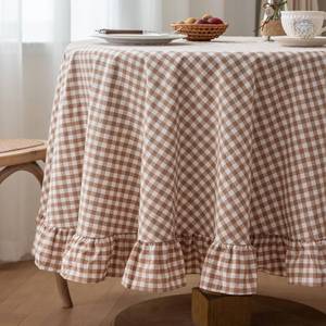 lot 20008 image: Checkered 100% Washed Cotton Tablecloth 70 Inch Ruffled Gingham Table Cloth Washable Round Fabric Table Cover Retro Farmhouse Kitchen Dining Room Table Decor, Taupe, 4-6 Seats