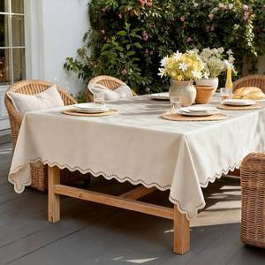 lot 20021 image: Outdoor Tablecloth Rectangle Linen Textured Waterproof & Stain Resistant Large Table Cloth Boho Decorative Scalloped Cutouts Farmhouse Table Cover for Dining, Party, Camping, 55 x 120 Inch, Beige