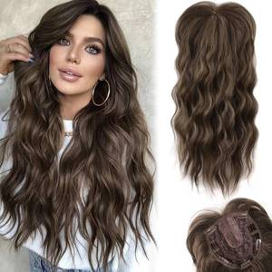 lot 20041 image: LEEONS 20-Inch Hair Topper for Women - Chestnut Brown Wavy Curl Clip-In Hair Piece With Fringe Bang for Thinning Hair - Synthetic Wiglet