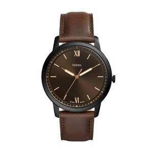 lot 20426 image: Fossil Mens Minimalist Quartz Stainless Steel and Brown Leather Three-Hand Watch for Men, 44mm Big Face, BlackDark Brown