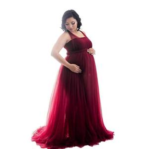 lot 20430 image: Women Transformer Convertible Tulle Maternity Dress Off Shoulder Multi Way Wrap Halter Slim Fit Gown Wedding Evening Party Maxi Pregnancy Baby Shower Dress for Photography Photo Shoot Z#Wine Red Small
