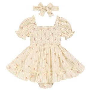 lot 20465 image: GRNSHTS Baby Girl Romper Dress, Puff Sleeve Smocked Outfit with Headband for Infants Soft Cotton Photo Shoot Ivory 6-12 Months