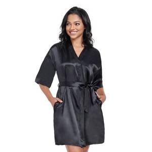lot 20469 image: Polar Rabbit Women Short Satin Robes Lightweight Silky Sleepwear V-Neck Wedding Bridal Party Bride Bridesmaid Robes,Black X-Large Size