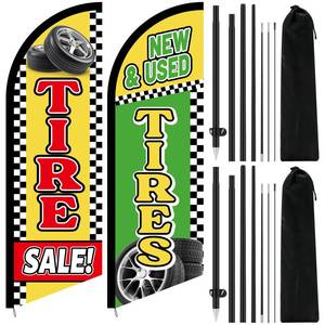 lot 20476 image: Fanfanwin 2 Pcs 8.2 Feet Tire Sale King Flags New and Used Tires Shop Feather Flags with Pole for Businesses Highly Visible Weatherproof Polyester Banner to Sale Tyre Advertising Signs Supplies