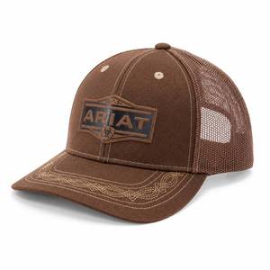 lot 20483 image: ARIAT Mens Vintage Logo Patch Trucker Cap, Embroidered Bill, Brown