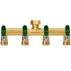 lot 20484 image: Yayamz Garden Hose Splitter, 34 Rust and Freeze Resistant Outdoor Hose Manifold with 4 green Extra Long Handles Faucet Adapter-Heavy Duty Brass 4-Way Valve