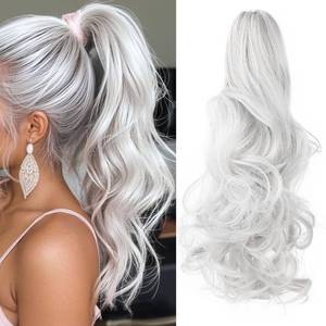 lot 20487 image: Felendy Ponytail Extension Claw 18 20 Curly Wavy Straight Clip in Hairpiece One Piece A Jaw Long Pony Tails for Women Grey Silver