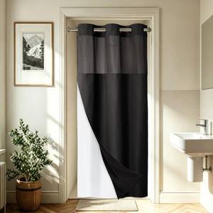 lot 20491 image: EUTXL Heavyweight Stall No Hook Shower Curtain with Snap in Liner,256GSM Waffle Weave Shower Curtains for Bathroom,36W x 74H,Black