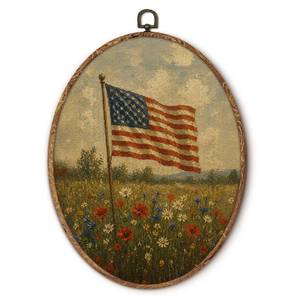 lot 20499 image: fZSZSD Vintage Floral American Flag Patriotic Oval Wall Art Decor, Farmhouse Oval Framed Canvas Art Prints, 4th of July Independence Day Wall Hanging Decor for Home Bedroom Living Room, 8.5x11.5 Inch