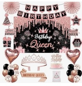 lot 2369 image: Burgundy Rose Gold Party birthday queen kit with inflatable balloons and tiara