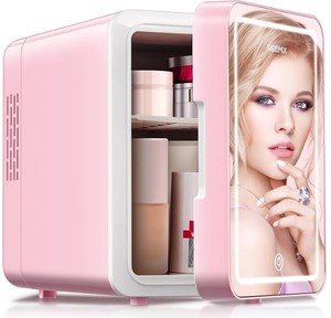 lot 11068 image: CUTIEWORLD 14L Portable Cooler Warmer LED Mirror Door Mini Fridge
