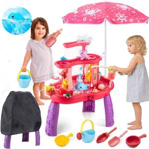 lot 1443 image: ZACEAC Water Table for Toddlers 3-5 with Umbrella Outdoor Toys for Kids Ages 4-8 Kids Sand Water Table with Fishing Game Set Activity Sensory Table with Water Pump Summer Beach Toys