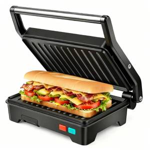 lot 1470 image: Panini Press Grill, 2 Slices Sandwich Maker with Non-Stick Coated Plates & Removable Drip Tray, 3-in-1 Sandwich Press Electric Grill, Opens 180 Degrees to Fit Any Type or Size of Food, 1000W, Black