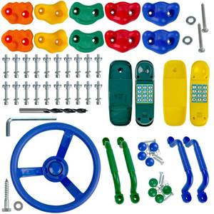 lot 1519 image: KINSPORY 17 Pack Playground Accessories for Kids - 10pc Colourful Rock Climbing Holds, 4pc Climbing Handles & Grips, 2pc Play Phones and Steering Wheel for Wooden Playset, Swing Set & Tree House