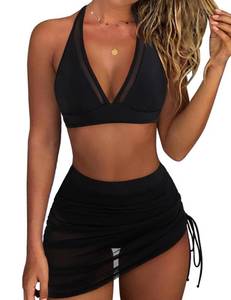 lot 2040 image: RXRXCOCO Mesh Halter High Waisted Bikini Sets for Women Tummy Control Swimsuits Two Piece Bathing Suits with Skirt Black Medium