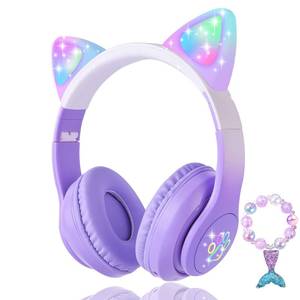 lot 2082 image: KORABA Cat Ear Kids Headphones Bluetooth, LED Light up WirelessWired Mode Over Ear Headphones with Build in Microphone for SchoolTravel (Purple)