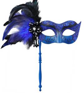 lot 2097 image: MYSEUNI 2025 New Blue and Black Masquerade Mask for Women with Stick - Shiny Womens Feather Mardi Gras Venetian Mask for Halloween Parties, Carnival, Prom, Christmas, Wedding, Bar, Costume Accessory