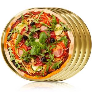 lot 2448 image: TOPZEA 4 Pack Stainless Steel Pizza Pan, 12 Inch Pizza Crisper Tray Round Baking Sheets Food Serving Plate for Pizza, Pie, Cookie, Dessert, Oven & Dishwasher Safe, Gold