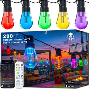 lot 3881 image: Outdoor String Lights,200FT Smart RGBIC Patio Lights with Shatterproof LED Bulbs ,Outside Light Dimmable Patio for Decor DIY IP67 Waterproof ,Courtyard, garden,Holiday,LED lights more Scene Modes