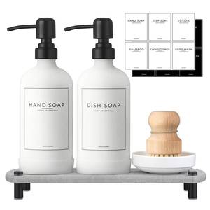 lot 3889 image: NEECZS Kitchen Soap Dispenser Set with Instant Dry Tray,16 Oz Hand and Dish Soap White Glass Dispenser Set,Stainless Steel Pump,Waterproof Labels,Dish Brush,Luxury Soap Bottle for Kitchen,Bathroom